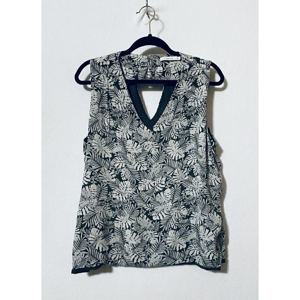 Frnch Womens Large Sleeveless Top V Neck Cut Out Back Leaf Print Green Boho